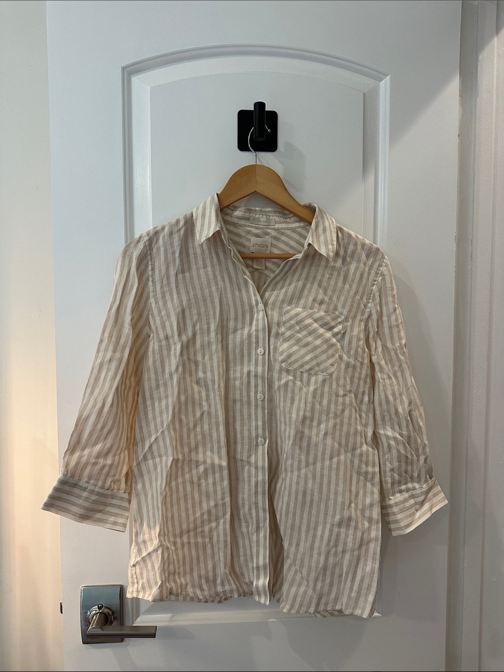 Chico's Beige and White Striped Button-Down Shirt